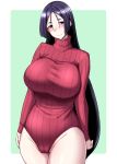  1girl bangs blush breasts cowboy_shot fate/grand_order fate_(series) groin highres large_breasts leotard long_hair looking_at_viewer minamoto_no_raikou_(fate/grand_order) nokoppa parted_bangs purple_eyes purple_hair simple_background smile solo sweater turtleneck turtleneck_sweater very_long_hair 