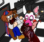  2014 animatronic balloon_boy_(fnaf) black_hair black_nose blood blue_eyes bodily_fluids brown_hair canid canine clothed clothing digital_media_(artwork) eating eyelashes female five_nights_at_freddy&#039;s five_nights_at_freddy&#039;s_2 footwear fox gore hair half-closed_eyes hard_vore hat headgear headwear human inside machine male mammal mangle_(fnaf) renee-moonveil robot shoes video_games vore yellow_eyes 