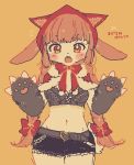  2019 anthro blush bovid caprine clothed clothing cute_fangs daww female fur goat hair japanese_text kemono long_hair mammal mineko_(artist) navel open_mouth orange_background orange_hair pawpads red_eyes simple_background solo standing text white_body white_fur young みねこ 