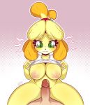  2019 5_fingers absurd_res animal_crossing anthro areola big_areola big_breasts bodily_fluids bottomless breasts canid canine canis clothed clothing collarbone cowgirl_position crying digital_media_(artwork) domestic_dog duo exposed_breasts eyebrow_through_hair eyebrows eyelashes female female_on_top fingers first_person_view fur glistening glistening_body glistening_skin green_eyes hair hi_res human human_on_anthro imminent_sex interspecies inverted_nipples isabelle_(animal_crossing) looking_down luxurias male male/female male_pov mammal nintendo nipples on_top partially_clothed penis pink_background raised_clothing raised_shirt sex shih_tzu shirt simple_background tears thick_thighs topwear toy_dog translucent translucent_hair video_games yellow_body yellow_fur 
