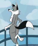  101_dalmatian_street 101_dalmatians 2019 3_toes anthro big_butt blue_eyes border_collie breasts butt canid canine canis collie disney domestic_dog female folded_ear fur herding_dog hi_res looking_back mammal nude pastoral_dog railing sea sheepdog smile solo summer_(101_dalmatian_street) toes tuft water whitewolf20xx 