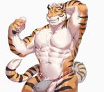  abs anthro armpit_hair bodily_fluids body_hair claws clothed clothing cum felid fur genital_fluids male mammal muscular muscular_male one_eye_closed pantherine pecs pink_nose simple_background solo striped_body striped_fur striped_tail stripes taki_kaze tiger topless underwear white_background 