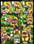  2019 anthro anthro_on_feral bestiality blush bottomless clothed clothing comic dripping duo english_text eyes_closed fellatio female feral hi_res kitsune_youkai koopa male male/female mario_bros nintendo oral outside penile penis presenting princess_koopa princess_peach pussy scalie sex text tree video_games yoshi 