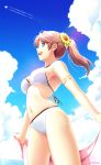  1girl 2018 :d aircraft airplane armlet bikini black_ribbon blue_eyes blue_sky breasts brown_hair cloud cowboy_shot day eyebrows_visible_through_hair flower from_below hair_between_eyes hair_flower hair_ornament holding large_breasts long_hair navel ocean open_mouth original outdoors ponytail ribbon shiny shiny_hair sideboob sky smile solo standing sunflower swimsuit underboob white_bikini white_ribbon yellow_flower you_haruka 
