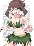 1girl angry bikini blue_eyes bodypaint breasts brown_hair claw_pose cleavage cowboy_shot forest green_bikini groin highres leaf_bikini looking_at_viewer medium_breasts medium_hair nature navel odamaki_sapphire open_mouth outdoors partially_colored pokemon pokemon_special solo suzusiigasuki swimsuit two_side_up 