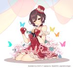  1girl anniversary bow breasts brown_hair bug butterfly character_name chuuko_anpu dress earrings english_text flower frilled_armband frilled_dress frills full_body gloves hair_ornament hairclip hat hat_bow heart heart_hair_ornament insect jewelry leaf light_blush medium_breasts meiko open_mouth petals rainbow red_dress red_gloves red_headwear seiza short_hair sitting smile solo spaghetti_strap string_of_flags vocaloid yellow_eyes 