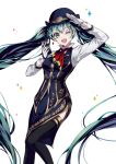  1girl ;d absurdly_long_hair black_legwear blue_hair blue_headwear blue_skirt floating_hair gloves green_eyes hatsune_miku holding long_hair long_skirt long_sleeves looking_at_viewer mieux0_0 musical_note musical_note_print one_eye_closed open_mouth print_skirt red_neckwear salute shirt side_slit skirt skirt_set smile solo standing thighhighs very_long_hair vocaloid white_gloves white_shirt 
