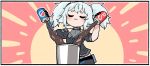  1girl :3 blue_hair closed_eyes coca-cola english_commentary girls_frontline junsuina_fujunbutsu pa-15_(girls_frontline) pepsi pot pouring smug soda soft_drink solo tin_can twintails u_u 