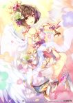  1girl angel_wings bare_back bare_shoulders bell blurry blurry_foreground brown_eyes brown_hair cloud commentary crown crypton_future_media daisy depth_of_field detached_sleeves dress eighth_note flower food from_behind fruit gold_trim grapes hair_flower hair_ornament hatsune_miku_graphy_collection high_heels holding_bell kurisu_sai laurels looking_at_viewer looking_back meiko musical_note official_art open_mouth piapro rainbow ribbon rose short_hair sitting sky smile solo sunlight thigh_strap vocaloid white_dress wings wrist_cuffs wristband 