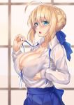  1girl ahoge alternate_breast_size artoria_pendragon_(all) blonde_hair blouse blue_bra blue_ribbon blue_skirt blush bra bra_through_clothes breast_lift breasts cleavage collarbone collared_blouse fate/stay_night fate_(series) green_eyes hair_ribbon highres hirasawa_seiji indoors large_breasts long_hair long_sleeves looking_at_viewer neck_ribbon open_mouth ribbon saber skirt solo sweatdrop underwear white_blouse 