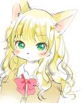  2019 anthro blonde_hair blush clothed clothing domestic_cat felid feline felis female fur green_eyes hair kemono long_hair looking_at_viewer mammal mineko_(artist) red_ribbon simple_background solo white_background yellow_body yellow_fur みねこ 