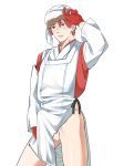  1boy bottomless brown_hair erection erection_under_clothes gloves green_eyes ichigo_to_marugao long_sleeves looking_at_viewer male_focus original parted_lips red_gloves simple_background solo testicle_peek thighs white_background wiping_sweat 