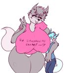  2019 age_difference big_breasts blue_body blue_fur blush bottomless breasts canid canine canis clothed clothing digital_media_(artwork) female fur gesture grey_body grey_fur hi_res huge_breasts male mammal maria_(slickerwolf) meme mother mother_and_child mother_and_son older_female parent parent_and_child piercing pussy shirt simple_background size_difference slickerwolf son t-shirt tongue tongue_out topwear v_sign white_body white_fur wolf wolfgang_(slickerwolf) yellow_eyes younger_male 