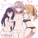  3girls ass azu_(azu401) bespectacled black_hair bra breasts garter_belt glasses grey_hair highres lace lace-trimmed_bra lace-trimmed_legwear large_breasts lingerie long_hair madara-san_(tejina_senpai) multiple_girls one_eye_closed orange_hair panties ponytail saki-chan_(tejina_senpai) short_hair tejina_senpai tejina_senpai_(character) underwear underwear_only white_bra 