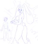  2015 absurd_res anthro bendzz blush bottomwear breasts butt clothing duo female hat headgear headwear hi_res human jacket long_ears lopunny male mammal monochrome nintendo nipples nude open_mouth pants pok&eacute;ball pok&eacute;mon pok&eacute;mon_(species) shocked simple_background standing topwear transformation video_games white_background 