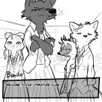  1:1 aardwolf anneke_(weaver) anthro betty_(weaver) black_and_white black_body black_fur blush canid canine canis charlie_(weaver) cheek_tuft cigarette clothed clothing corsac_fox dialogue disney doki_doki_literature_club dress english_text eyes_closed face_tuft female fluffy fox fur grin group hyaenid lagomorph leporid mammal monochrome pack_street rabbit replytoanons shirt smile teeth text topwear tuft wolf zootopia 