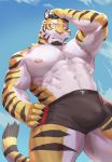  2019 abs anthro bulge claws clothed clothing felid fur hi_res male mammal muscular muscular_male nipples pantherine pecs pink_nose solo striped_body striped_fur striped_tail stripes taki_kaze tiger topless yellow_eyes 