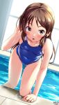  1girl artist_name blue_swimsuit bow breasts brown_eyes brown_hair collarbone competition_swimsuit covered_navel cowboy_shot dated eyebrows_visible_through_hair hair_bow highleg highleg_swimsuit highres idolmaster idolmaster_cinderella_girls indoors looking_at_viewer one-piece_swimsuit open_mouth pool pool_ladder poolside rei_no_pool skindentation small_breasts solo sunlight swimsuit tachibana_arisu tsuchimiya wet wet_clothes wet_swimsuit window 