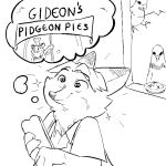  1:1 ambiguous_gender anthro avian bird black_and_white canid canine cheek_tuft chibi columbid dipstick_ears disney english_text face_tuft feral food fox gideon_grey group hair holding_object mammal monochrome multicolored_ears pie pigeon replytoanons simple_background smile sparkles text thought_bubble tuft vertical_bar_eyes white_background zootopia 