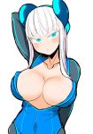  1girl arm_behind_back arm_behind_head arm_up bangs blue_bodysuit blue_dress blue_eyes blush bodysuit breasts cleavage closed_mouth collarbone commentary_request dress electro_emilia eyebrows_visible_through_hair head_tilt headgear hime_cut ken_(koala) large_breasts long_hair looking_at_viewer neon_trim original pale_skin short_dress simple_background skin_tight solo upper_body white_background white_hair 