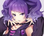  choker close cropped hoodie idolmaster idolmaster_shiny_colors mikapoe purple_eyes purple_hair tanaka_mamimi twintails 