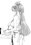  1girl apron ass back baking blush breasts cowboy_shot frolaytia_capistrano from_behind greyscale hair_bun hair_ornament hair_pulled_back hair_stick hairclip heavy_object highres large_breasts long_hair monochrome nearly_naked_apron no_bra norman_maggot panties ponytail side-tie_panties sideboob sidelocks slender_waist smile solo stirring underwear very_long_hair 