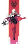  1girl absurdres ankle_boots axe battle_axe black_footwear boots cape cravat edelgard_von_hresvelg fire_emblem fire_emblem:_three_houses full_body garreg_mach_monastery_uniform gloves hair_ornament hair_ribbon highres holding holding_weapon lavender_eyes long_hair looking_at_viewer outstretched_arm pantyhose red_cape red_legwear revision ribbon sixteen_minus_seven solo uniform weapon white_gloves white_hair 