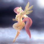  1:1 3d_(artwork) 5_fingers anthro anthrofied barefoot biped blue_eyes blush breasts butt digital_media_(artwork) equid equine feet female fingers fluttershy_(mlp) friendship_is_magic hair hi_res mammal my_little_pony nipples nude pinchibird pink_hair pterippus simple_background solo source_filmmaker wings 