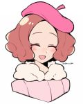  1girl artist_name beret blush brown_hair commentary do_m_kaeru fur_trim hat okumura_haru persona persona_5 persona_5_the_royal pink_sweater portrait ribbed_sweater solo sweater 