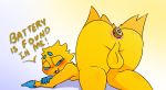  anal anal_penetration anthro anus backsack balls battery blue_eyes blush butt english_text fur girly iguanasarecool joltik male nintendo penetration pok&eacute;mon pok&eacute;mon_(species) solo text thick_thighs video_games wide_hips yellow_body yellow_fur 