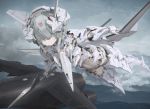 1girl ace_combat_7 adfx-10 aircraft airplane android c17_globemaster_iii cloud cloudy_sky commentary covered_eyes fingerless_gloves flying frown gloves helmet hill mecha_musume midriff muted_color personification polearm sky solo spear tom-neko_(zamudo_akiyuki) weapon 