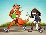  anthro canid canine clothing duo exercise female fox hair kittell_(artist) mammal open_mouth python reptile running scalie shirt snake tank_top topwear workout 