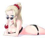  1girl adjusting_eyewear arm_support ass bikini black_bikini blonde_hair blue_eyes breasts butt_crack clara_(girls_und_panzer) cleavage closed_mouth commentary dated from_side girls_und_panzer hair_up highres kuzuryuu_kennosuke large_breasts long_hair looking_at_viewer looking_over_eyewear lying on_stomach ponytail red_scrunchie scrunchie simple_background smile solo swimsuit twitter_username white_background wrist_scrunchie 