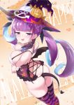  1girl ass back bangs black_panties blue_eyes blunt_bangs blush bow bowtie braid breast_hold breasts butt_crack crystal_shoujo curly_hair demon_tail demon_wings detached_collar eyebrows_visible_through_hair fake_tail fake_wings half-closed_eyes halloween hat highleg highleg_panties highres hololive large_breasts long_hair looking_at_viewer looking_up minato_aqua multicolored multicolored_clothes multicolored_hair multicolored_legwear open_mouth panties pumpkin purple_eyes purple_hair purple_legwear revealing_clothes smile solo string_panties striped striped_legwear tail thighhighs thong twintails two-tone_hair underwear virtual_youtuber wings witch_hat 