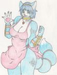  anthro apron apron_only blue_body blue_fur blue_hair breasts canid canine cleavage clothed clothing colored_pencil_(artwork) female fox fur gesture green_eyes hair hi_res imjim007 jewelry krystal mammal mostly_nude necklace nintendo simple_background solo standing star_fox traditional_media_(artwork) video_games waving white_background 