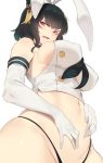  1girl bacius bare_shoulders black_hair black_panties blush breasts cosplay covered_nipples crop_top elbow_gloves g-string gloves groin hair_ornament hair_ribbon hairband half-closed_eyes highleg highleg_panties highres kantai_collection large_breasts looking_at_viewer navel open_mouth panties red_eyes ribbon shimakaze_(kantai_collection) shimakaze_(kantai_collection)_(cosplay) short_hair sideboob simple_background skindentation skirt solo thong underwear v-shaped_eyebrows white_background white_gloves white_ribbon yamashiro_(kantai_collection) 