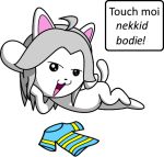  ahoge alpha_channel anthro black_nose canid canine canis clothing dialogue domestic_cat domestic_dog english_text felid feline felis female freepi fur grey_hair hair mammal nude open_mouth pussy shirt simple_background speech_bubble tem temmie_(undertale) text topwear transparent_background undertale video_games 