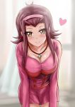  1girl blurry blurry_background blush breasts cleavage closed_mouth collarbone dress hair_intakes hairband izayoi_aki jewelry large_breasts leaning_forward long_hair long_sleeves looking_at_viewer necklace pink_dress pink_hairband print_dress r-binon red_hair shiny shiny_hair short_dress sketch smile solo standing thigh_gap yellow_eyes yuu-gi-ou yuu-gi-ou_5d&#039;s 