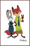  2016 anthro badge byron_howard canid canine clothed clothing disney duo female fox front_view green_eyes hi_res judy_hopps lagomorph leporid male mammal necktie nick_wilde purple_eyes rabbit signature simple_background smile standing white_background zootopia 