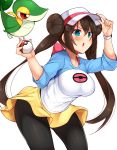  1girl adjusting_headwear aqua_eyes arm_up bangs baseball_cap black_legwear blush breasts brown_hair commentary_request cowboy_shot double_bun eyebrows_visible_through_hair gen_5_pokemon hair_between_eyes hand_up hat highres holding holding_poke_ball large_breasts leaning_forward long_hair long_sleeves mei_(pokemon) miniskirt open_mouth pantyhose poke_ball poke_ball_(generic) pokemon pokemon_(creature) pokemon_(game) pokemon_bw2 raglan_sleeves red_eyes shirt sidelocks simple_background skirt snivy standing t-shirt thighs tokoya_(ex-hetare) twintails v-shaped_eyebrows very_long_hair watch white_background white_headwear white_shirt wristwatch yellow_skirt 