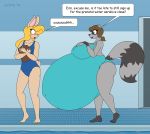  anthro belly big_belly blush clipboard clothing dialogue duo hair hi_res hyper hyper_belly hyper_pregnancy lagomorph leporid mammal pregnant procyonid rabbit raccoon satsumalord swimming_pool swimwear 