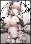  1girl azur_lane bangs bare_shoulders black_bow black_legwear black_panties blush bow breasts commentary covering covering_breasts cowboy_shot dress eyebrows_visible_through_hair formidable_(azur_lane) garter_straps gradient gradient_background grey_background grey_hair hair_bow head_tilt highres huge_breasts long_hair long_sleeves looking_at_viewer outside_border panties red_eyes short_dress sidelocks smile solo standing thighhighs twintails uchisukui underwear white_background white_dress 