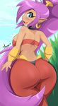  2019 back_boob blue_eyes bmayyneart breasts butt clothed clothing ear_piercing ear_ring female genie hair hi_res humanoid humanoid_pointy_ears long_hair looking_at_viewer looking_back not_furry open_mouth piercing ponytail purple_hair rear_view shantae shantae_(series) solo video_games wayforward 