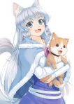  1girl :d animal animal_ear_fluff animal_ears bangs blue_cloak blue_dress blue_eyes blush bow braid cloak collarbone commentary_request copyright_request dog dress eyebrows_visible_through_hair fangs fur-trimmed_cloak fur-trimmed_hood fur_trim hood hood_down hooded_cloak long_hair looking_at_viewer miri_(ago550421) open_mouth pink_bow pleated_dress side_braid silver_hair simple_background smile solo tail tail_raised twin_braids v-shaped_eyebrows very_long_hair white_background wolf_ears wolf_girl wolf_tail 