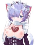  1girl animal_ears blue_eyes blush breasts candy cat_ears cat_tail chocolate chocolate_heart collarbone food hair_ornament hair_over_one_eye hair_ribbon heart kemonomimi_mode kuhotaka large_breasts lifted_by_self looking_at_viewer maid_headdress mouth_hold nipples pink_ribbon re:zero_kara_hajimeru_isekai_seikatsu rem_(re:zero) ribbon short_hair simple_background solo tail upper_body white_background x_hair_ornament 