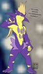  2019 3_toes 3nkaii 4_fingers anthro athletic biped blurred_background claws countershade_arms countershade_face countershade_feet countershade_hands countershade_torso countershading dialogue digital_drawing_(artwork) digital_media_(artwork) english_text fan_character fangs featureless_crotch fingers full-length_portrait gesture hair half-closed_eyes hi_res looking_at_viewer looking_down male mohawk_(hairstyle) mullet multicolored_body multicolored_scales navel nintendo nude open_mouth open_smile pecs pok&eacute;mon portrait purple_body purple_scales reptile scales scalie smile smirk smug solo speech_bubble spikes standing striped_body striped_scales stripes talking_to_viewer tan_hair tan_tongue taunting text thumbs_down toe_claws toes tongue toxtricity two_tone_body two_tone_scales unknown_pok&eacute;mon video_games yellow_body yellow_countershading yellow_scales 
