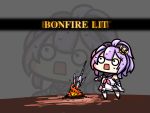  1girl azur_lane bonfire chibi commentary commentary_request crown dark_souls fire full_body gameplay_mechanics grey_background highres javelin_(azur_lane) kagami_(kagamina) mini_crown neckerchief o_o parody pink_neckwear purple_hair retrofit_(azur_lane) revision solo souls_(from_software) square_mouth standing surprised sweat zoom_layer 