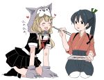  2girls all_fours black_eyes black_hair black_hakama black_ribbon black_serafuku black_skirt blonde_hair chopsticks claws closed_eyes feeding full_body gloves hair_flaps hair_ornament hair_ribbon hairclip hakama highres houshou_(kantai_collection) japanese_clothes kantai_collection kimono long_hair multiple_girls neckerchief pantyhose paw_gloves paws pink_kimono pleated_skirt ponytail red_neckwear remodel_(kantai_collection) ribbon school_uniform seiza serafuku simple_background sitting skirt smile tasuki white_background white_legwear wolf_hood yoichi_(umagoya) yuudachi_(kantai_collection) 