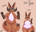  2019 absurd_res anthro big_breasts breasts canid canine female fur hi_res mammal nickit nintendo overweight pok&eacute;mon renaspyro simple_background slightly_chubby thick_thighs thievul unknown_pok&eacute;mon video_games yellow_eyes 