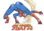  1girl ass blonde_hair blue_eyes bodysuit character_name cosplay from_behind highres long_sleeves metroid ponytail samus_aran spider-man spider-man_(cosplay) spider-man_(touei) toned tsunamino_yuu white_background 